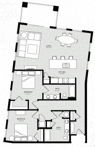 Floor plan for 2 beds, 2 baths, 1460 sqft